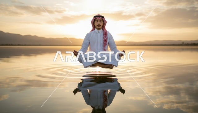 رجل سعودي يتأمل فوق البحيرة وقت الغروب