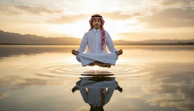 رجل سعودي يتأمل فوق البحيرة وقت الغروب