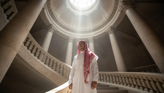 Saudi Man in Traditional Thobe under Grand Dome Light