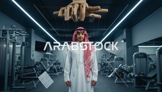 Saudi Man in Thobe at Gym with Surreal Floating Objects