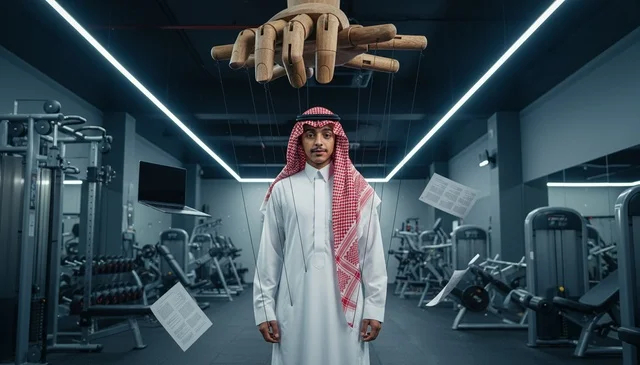 Saudi Man in Thobe at Gym with Surreal Floating Objects