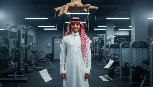 رجل سعودي بالثوب دمية داخل صالة رياضية