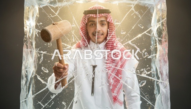 رجل سعودي يكسر الزجاج بمطرقة خشبية