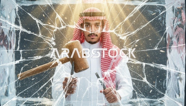 رجل سعودي يكسر حاجزاً زجاجياً بالمطرقة