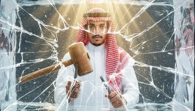 Saudi Man Breaking Glass Barrier with Mallet