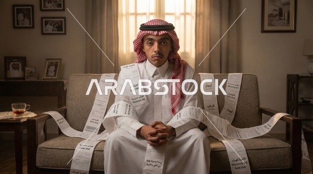 رجل سعودي محاط بفواتير مالية واستهلاكية طويلة