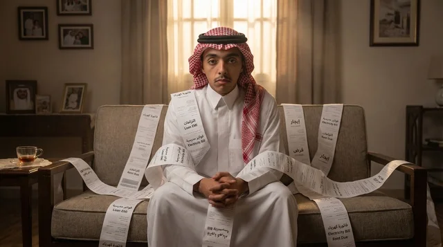 رجل سعودي محاط بفواتير مالية واستهلاكية طويلة