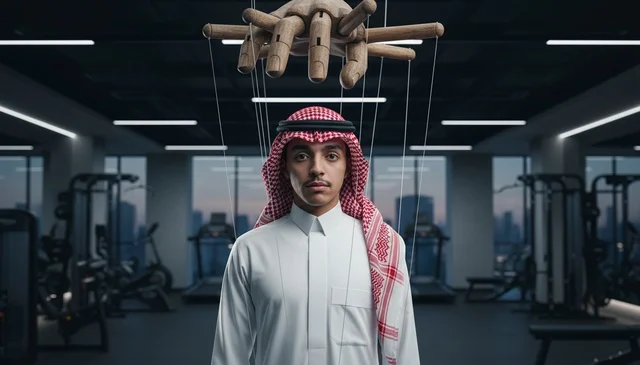 رجل سعودي في صالة ألعاب رياضية مع خيوط دمية خشبية