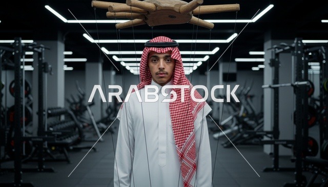 رجل سعودي في صالة رياضية بوضع الدمية المتحركة