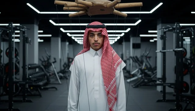 رجل سعودي في صالة رياضية بوضع الدمية المتحركة