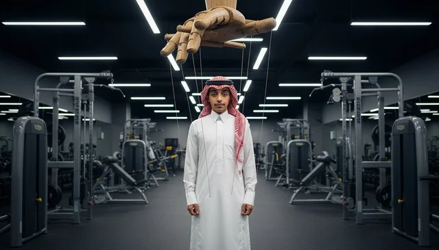 رجل سعودي بمفهوم الدمية المتحركة في صالة رياضية