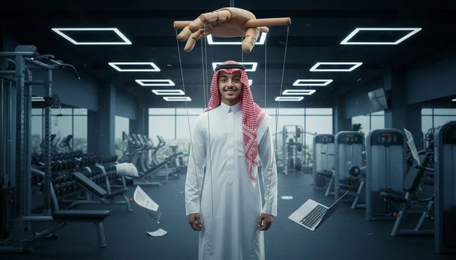 Saudi Man as Puppet in Gym with Floating Laptop