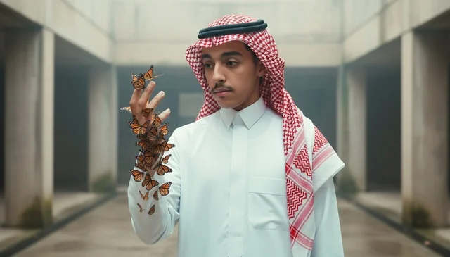 شاب سعودي بالثوب التقليدي مع فراشات ملونة شاب سعودي بالثوب التقليدي مع فراشات ملونة