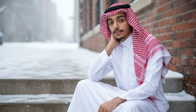 Saudi Man in Traditional Thobe and Shemagh in Snow
