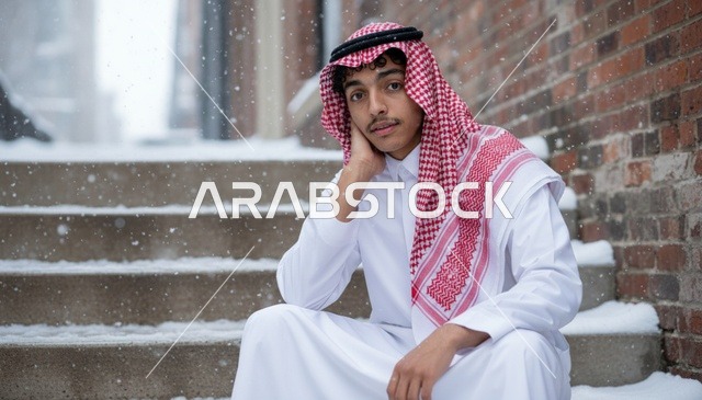 شاب سعودي بالثوب التقليدي يجلس على درج مغطى بالثلوج