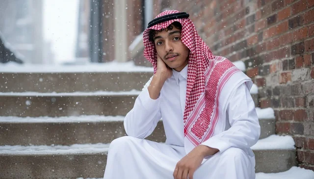 شاب سعودي بالثوب التقليدي يجلس على درج مغطى بالثلوج