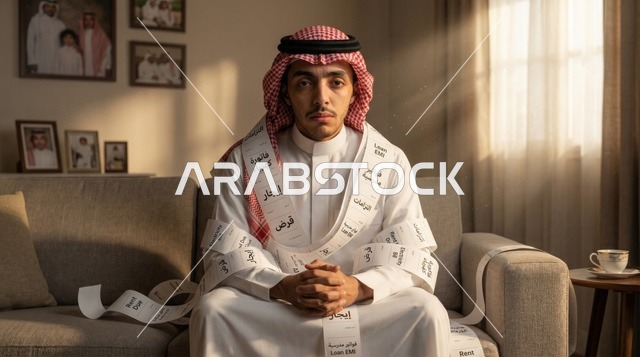 رجل سعودي يرتدي الثوب ملفوفاً بفواتير الديون المالية
