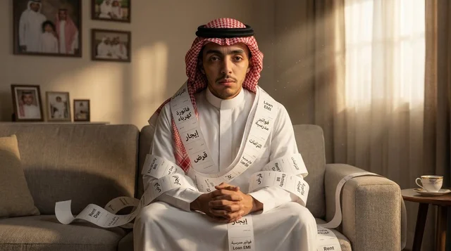 رجل سعودي يرتدي الثوب ملفوفاً بفواتير الديون المالية