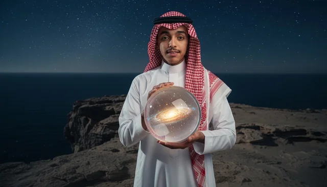رجل سعودي يمسك كرة مجرة زجاجية مضيئة في الليل رجل سعودي يمسك كرة مجرة زجاجية مضيئة في الليل