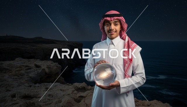 شاب سعودي يحمل كرة مجرة مضيئة ليلاً