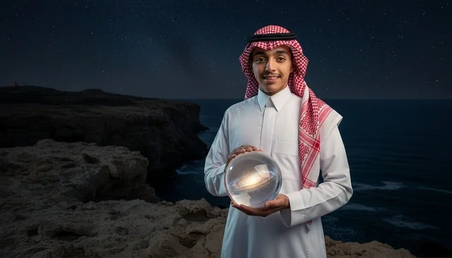 Saudi Man Holding Glowing Galaxy Ball at Night