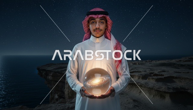شاب سعودي يمسك كرة مجرة مضيئة في الليل