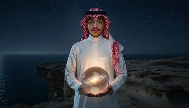 شاب سعودي يمسك كرة مجرة مضيئة في الليل