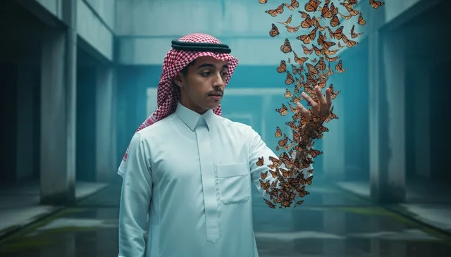 Saudi Man in Traditional Thobe with Butterflies