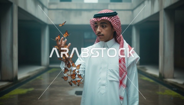 رجل سعودي بالثوب التقليدي مع فراشات في فناء خارجي هادئ