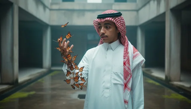 Saudi Man in Traditional Thobe with Butterflies in Courtyard