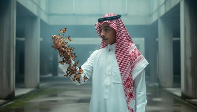 شاب سعودي مع فراشات في ساحة خرسانية حديثة شاب سعودي مع فراشات في ساحة خرسانية حديثة
