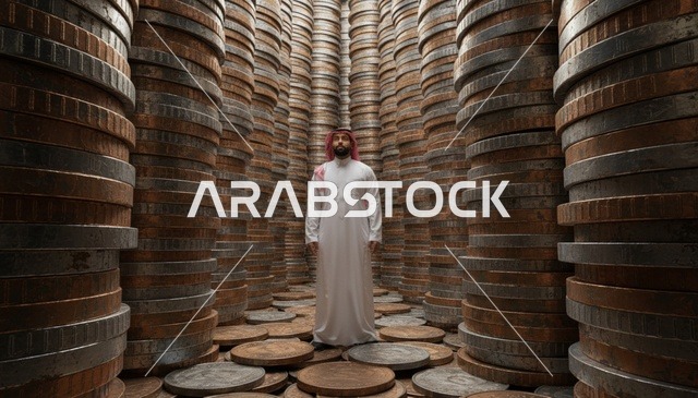 رجل سعودي بالزي التقليدي محاط بأكوام من العملات المعدنية