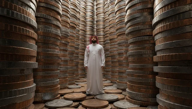 Saudi Man in Traditional Thobe Surrounded by Coin Stacks