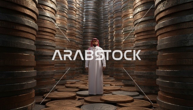 رجل سعودي وسط أعمدة عملات معدنية لمفهوم الثروة