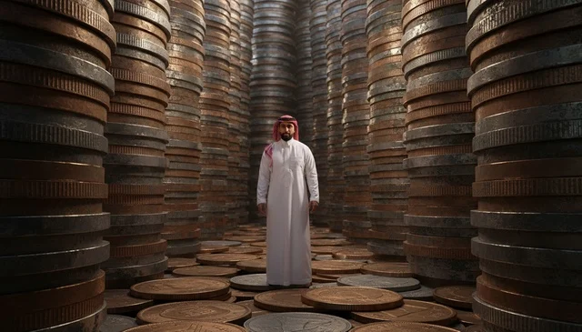 رجل سعودي وسط أعمدة عملات معدنية لمفهوم الثروة