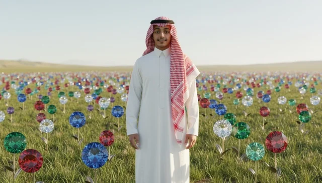 Traditional Saudi Man in Field of Colorful Gemstone Flowers