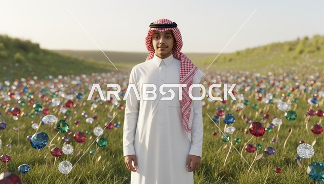 رجل سعودي بالثوب التقليدي في حقل من الأحجار الكريمة
