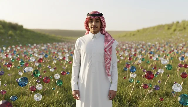 رجل سعودي بالثوب التقليدي في حقل من الأحجار الكريمة