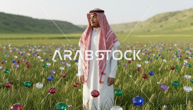 رجل سعودي في حقل أحجار كريمة بالزي التقليدي