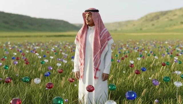Saudi Man in Gemstone Field with Traditional Dress