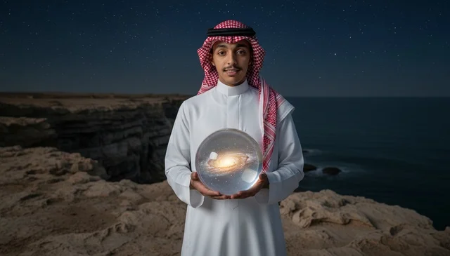 Saudi Man Holding Galaxy Glass Ball on Coast at Night