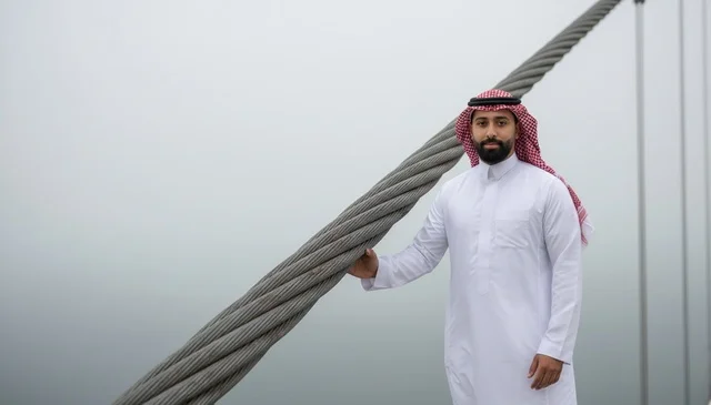 Saudi Man in Traditional Thobe by Steel Cable in Fog