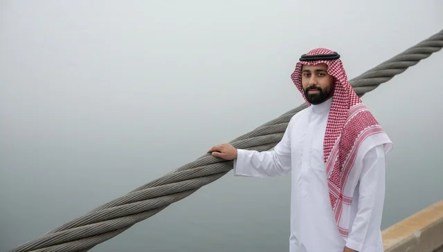 رجل سعودي بالزي التقليدي بجانب كابل صناعي