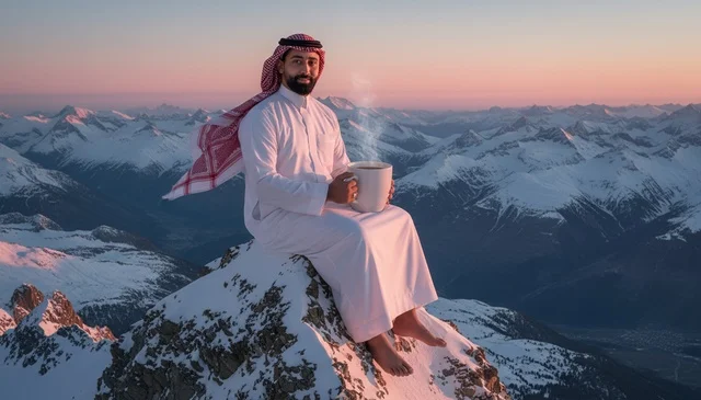 رجل سعودي على قمة جبل ثلجي يحمل كوب قهوة