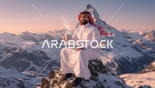 رجل سعودي يجلس على قمة جبل ثلجي وقت الغروب