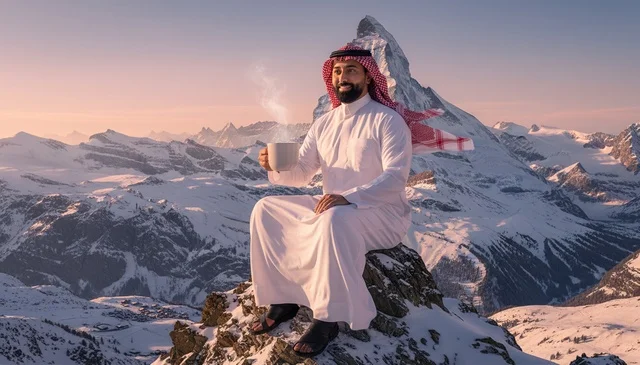 رجل سعودي يجلس على قمة جبل ثلجي وقت الغروب