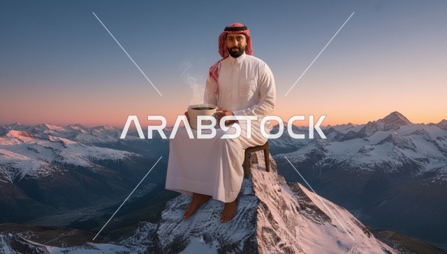 رجل سعودي على قمة جبل ثلجي مع قهوة