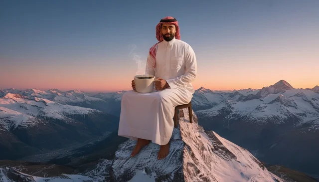 رجل سعودي على قمة جبل ثلجي مع قهوة