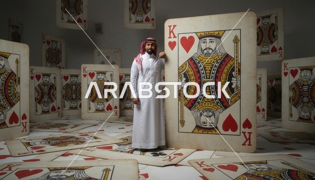 رجل سعودي مع أوراق لعب عملاقة في استوديو سريالي
