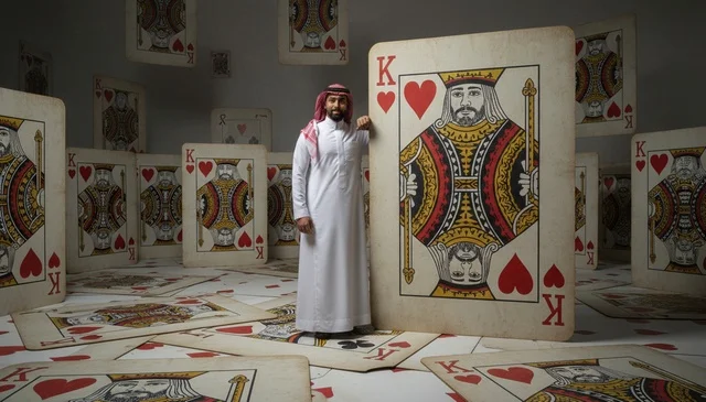 رجل سعودي مع أوراق لعب عملاقة في استوديو سريالي